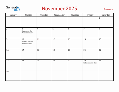 Current month calendar with Panama holidays for November 2025