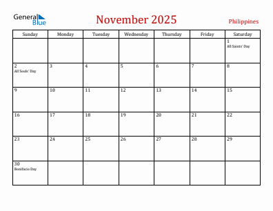 Current month calendar with Philippines holidays for November 2025