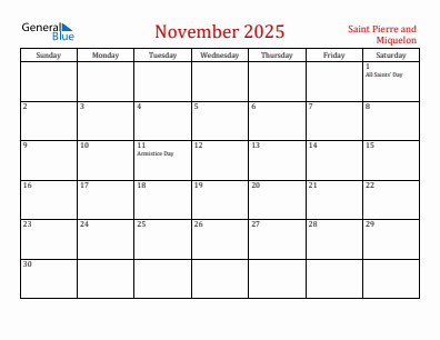 Current month calendar with Saint Pierre and Miquelon holidays for November 2025