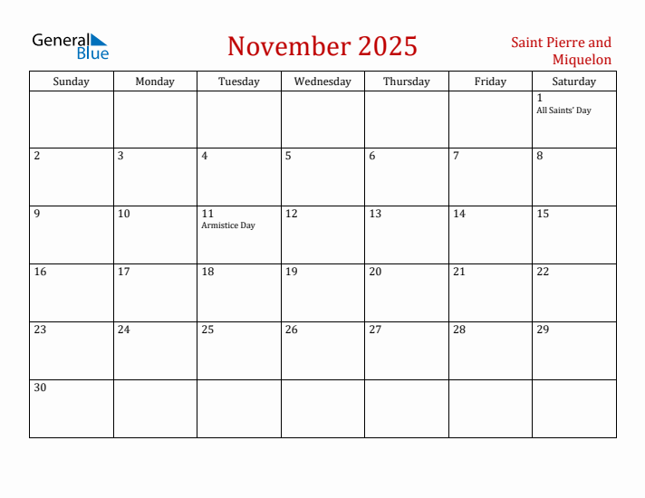Saint Pierre and Miquelon November 2025 Calendar - Sunday Start