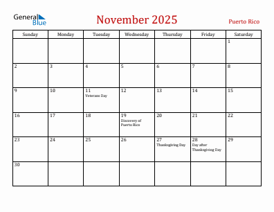 Current month calendar with Puerto Rico holidays for November 2025