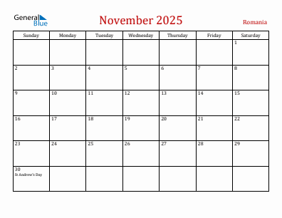 Current month calendar with Romania holidays for November 2025