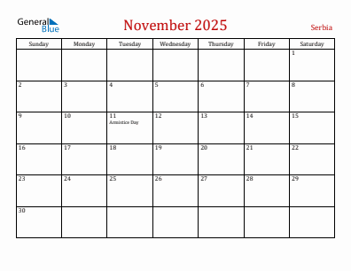 Current month calendar with Serbia holidays for November 2025
