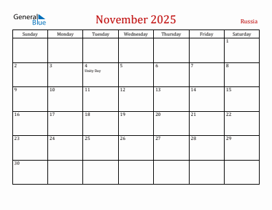 Current month calendar with Russia holidays for November 2025