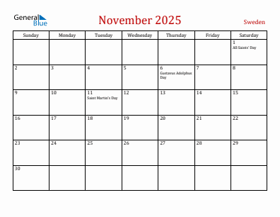 Current month calendar with Sweden holidays for November 2025