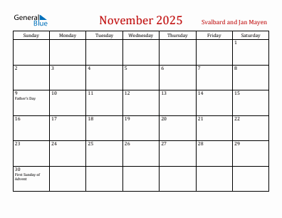 Current month calendar with Svalbard and Jan Mayen holidays for November 2025