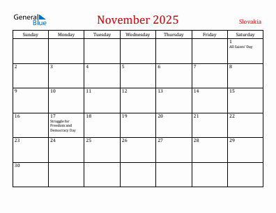 Current month calendar with Slovakia holidays for November 2025