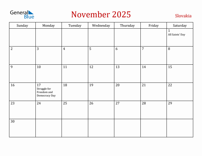 Slovakia November 2025 Calendar - Sunday Start