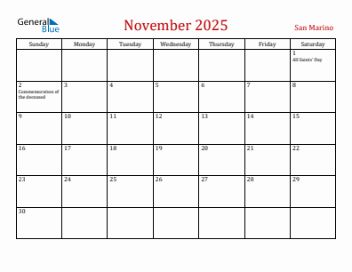 Current month calendar with San Marino holidays for November 2025