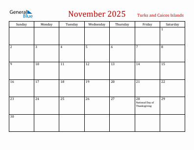 Current month calendar with Turks and Caicos Islands holidays for November 2025