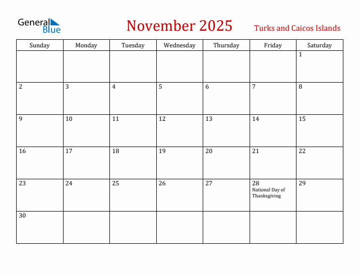 Turks and Caicos Islands November 2025 Calendar - Sunday Start