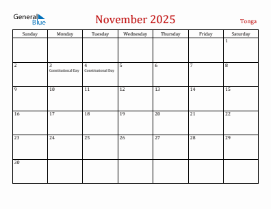 Current month calendar with Tonga holidays for November 2025