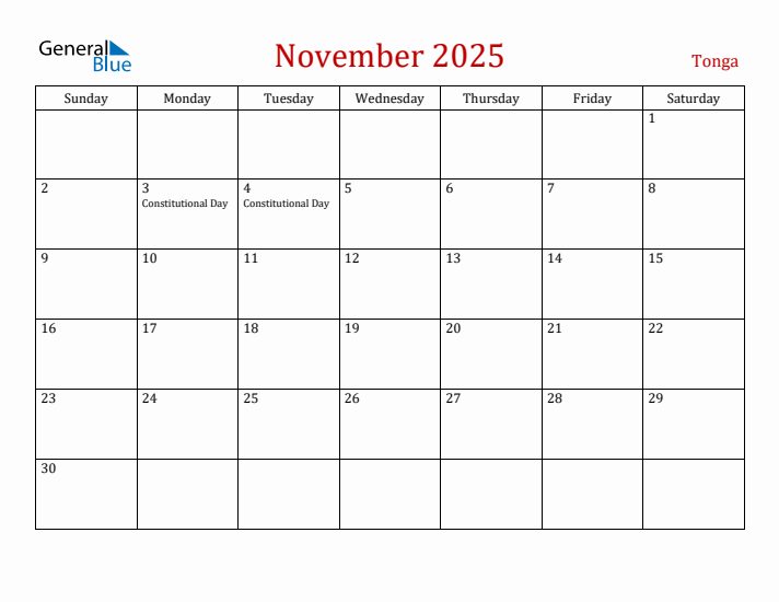 Tonga November 2025 Calendar - Sunday Start