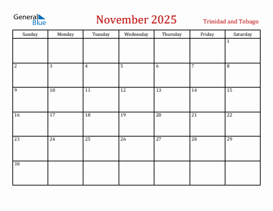 Current month calendar with Trinidad and Tobago holidays for November 2025