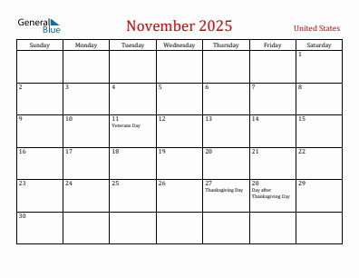 Current month calendar with United States holidays for November 2025