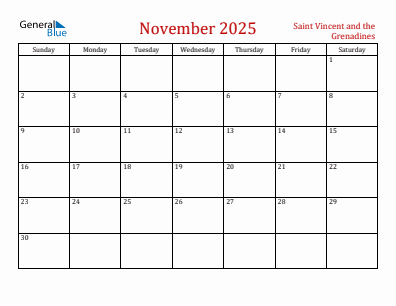 Current month calendar with Saint Vincent and the Grenadines holidays for November 2025