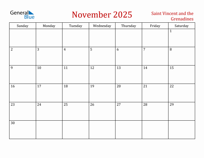 Saint Vincent and the Grenadines November 2025 Calendar - Sunday Start