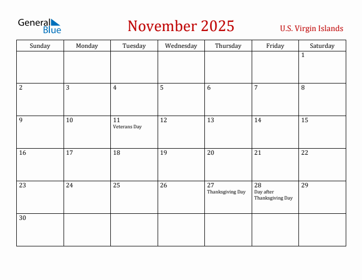 U.S. Virgin Islands November 2025 Calendar - Sunday Start