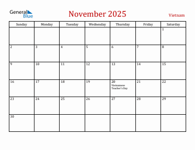 Current month calendar with Vietnam holidays for November 2025