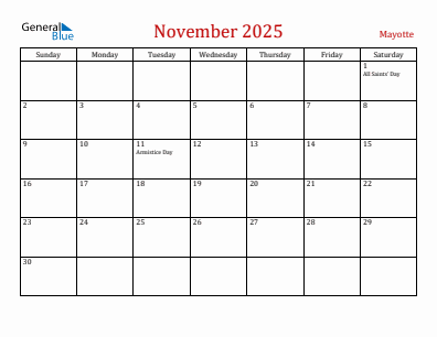 Current month calendar with Mayotte holidays for November 2025