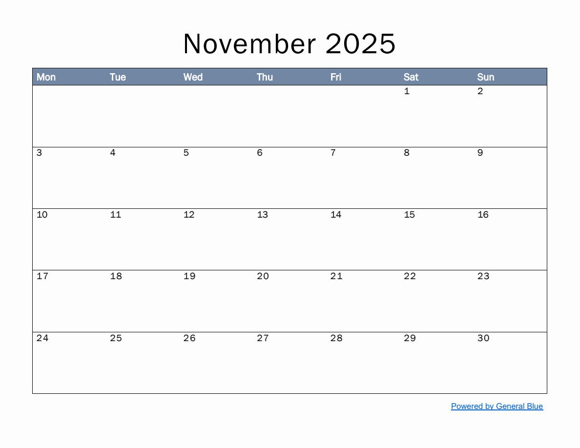 Monthly Calendar Template for November 2025 - Monday Start