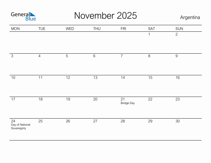 Printable November 2025 Calendar for Argentina