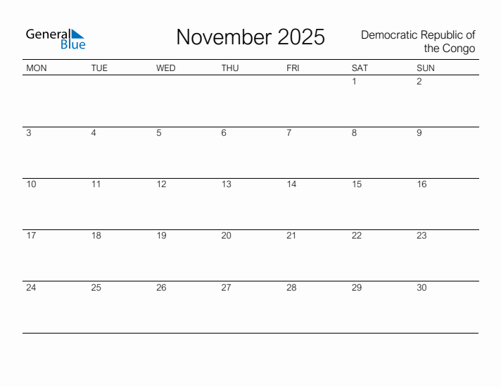 Printable November 2025 Calendar for Democratic Republic of the Congo