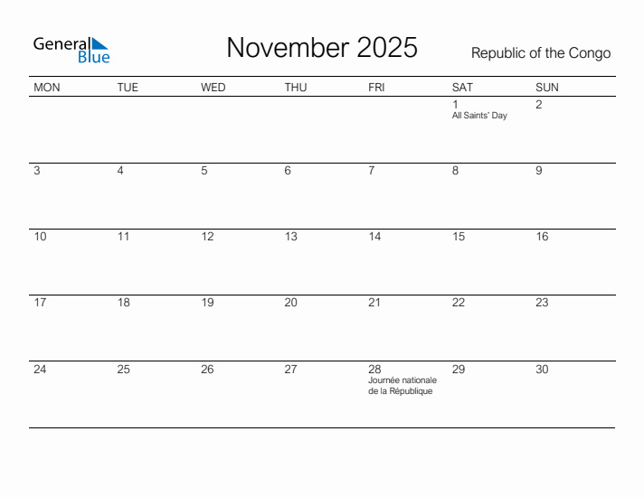 Printable November 2025 Calendar for Republic of the Congo