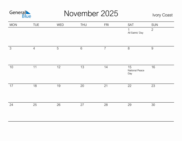 Printable November 2025 Calendar for Ivory Coast