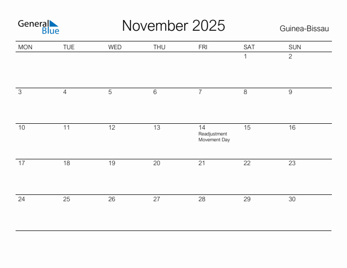 Printable November 2025 Calendar for Guinea-Bissau