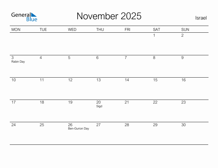 Printable November 2025 Calendar for Israel