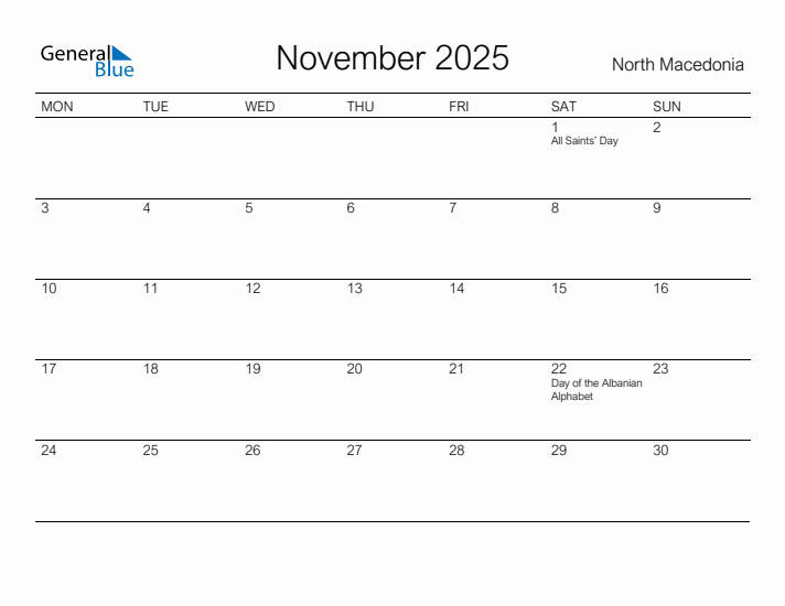 Printable November 2025 Calendar for North Macedonia