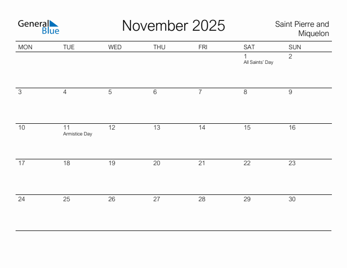 Printable November 2025 Calendar for Saint Pierre and Miquelon