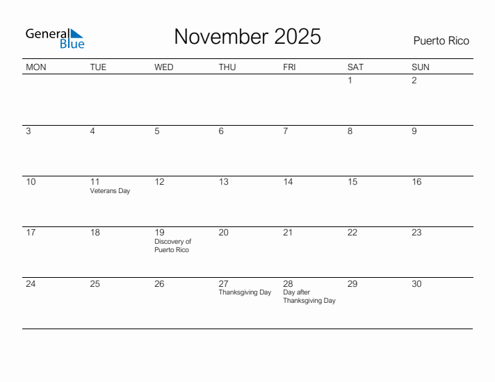 Printable November 2025 Calendar for Puerto Rico
