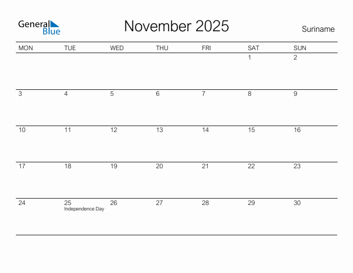 Printable November 2025 Calendar for Suriname