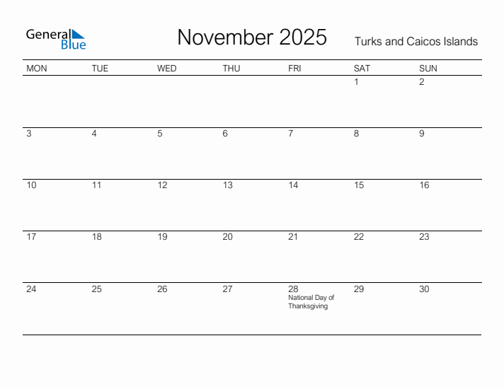 Printable November 2025 Calendar for Turks and Caicos Islands