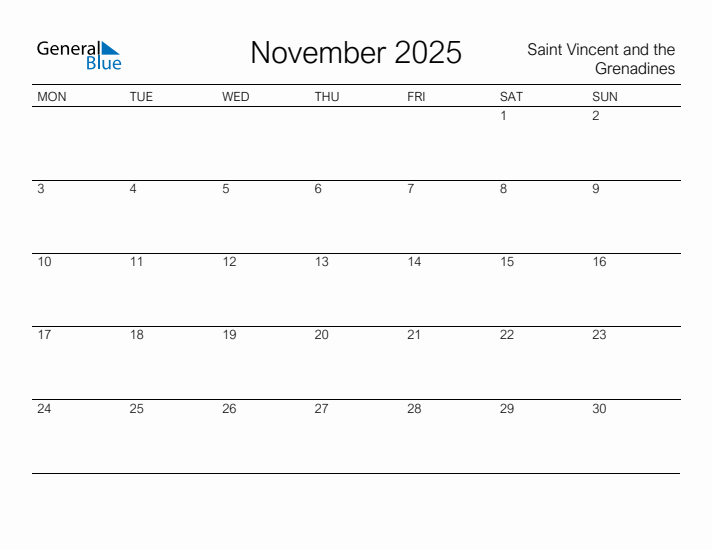 Printable November 2025 Calendar for Saint Vincent and the Grenadines