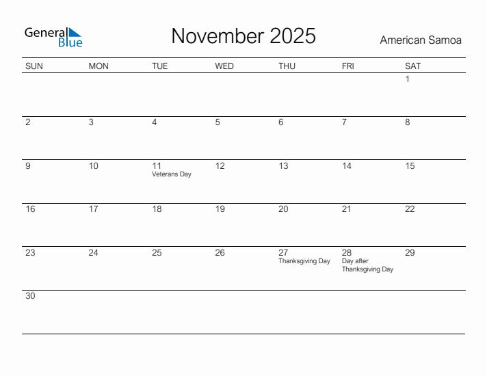 Printable November 2025 Calendar for American Samoa
