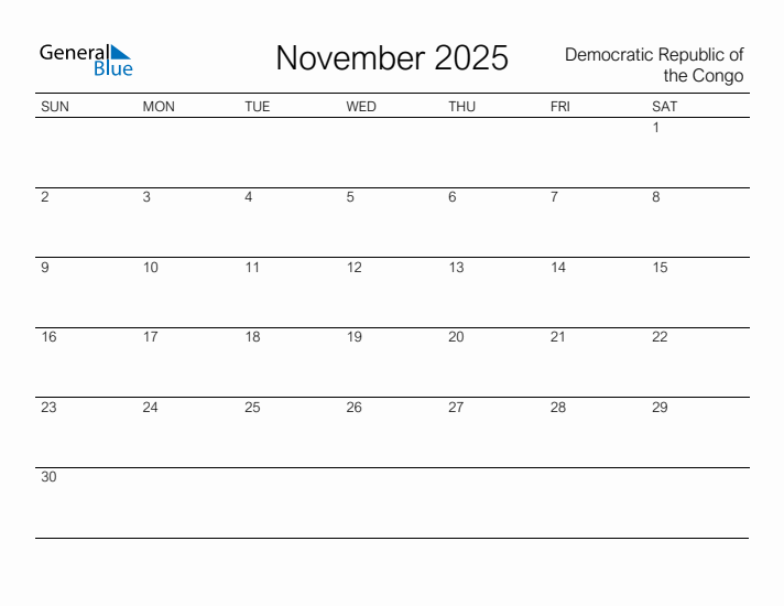 Printable November 2025 Calendar for Democratic Republic of the Congo