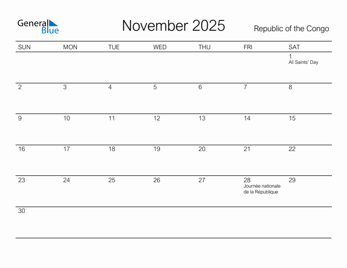 Printable November 2025 Calendar for Republic of the Congo