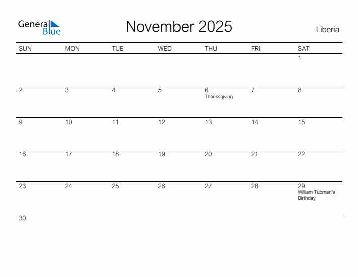Printable November 2025 Calendar for Liberia