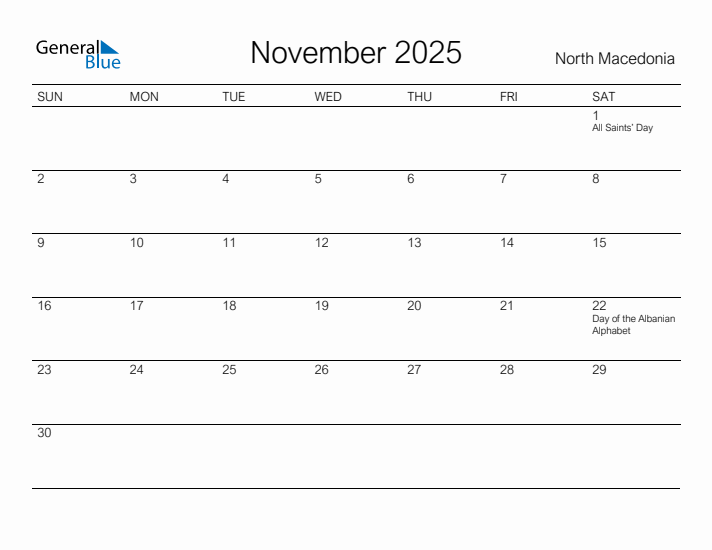 Printable November 2025 Calendar for North Macedonia