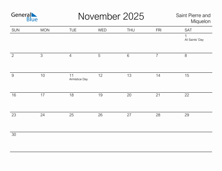 Printable November 2025 Calendar for Saint Pierre and Miquelon