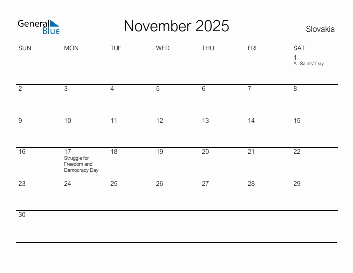 Printable November 2025 Calendar for Slovakia