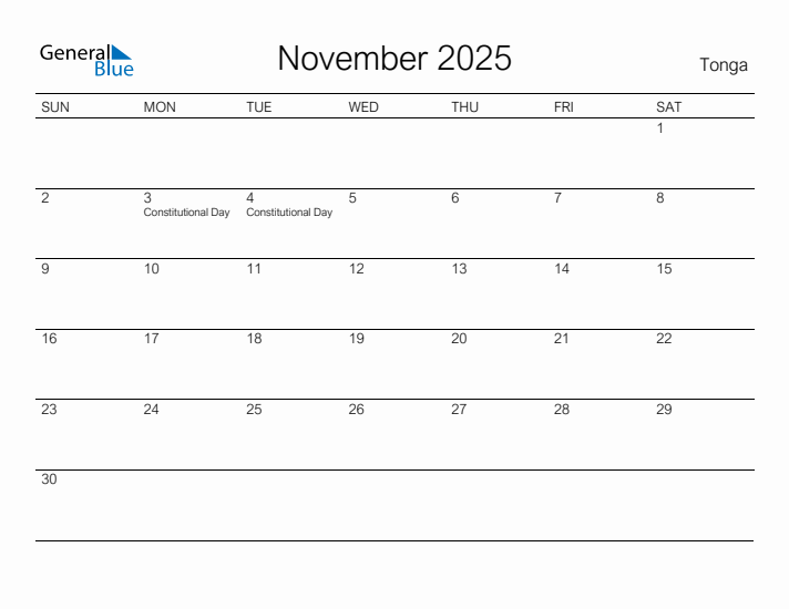 Printable November 2025 Calendar for Tonga