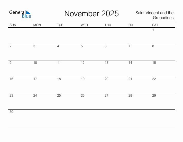 Printable November 2025 Calendar for Saint Vincent and the Grenadines