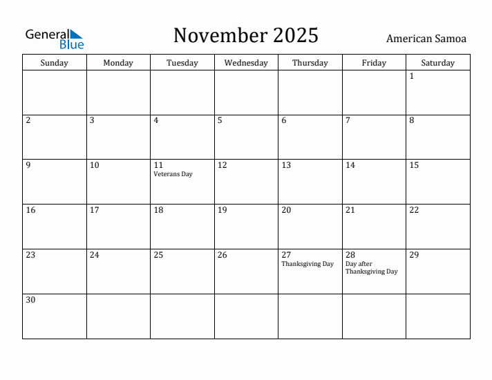 November 2025 Calendar American Samoa