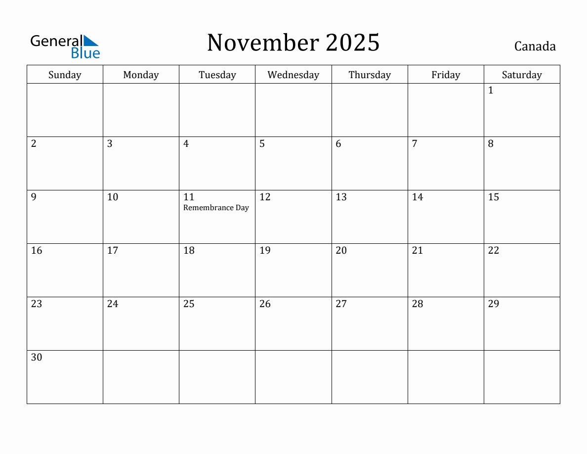 November 2025 monthly calendar with holidays in Canada