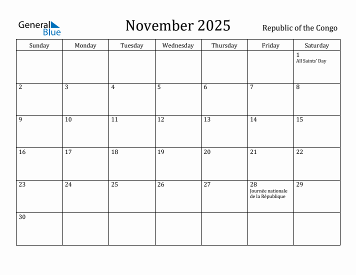 November 2025 Calendar Republic of the Congo