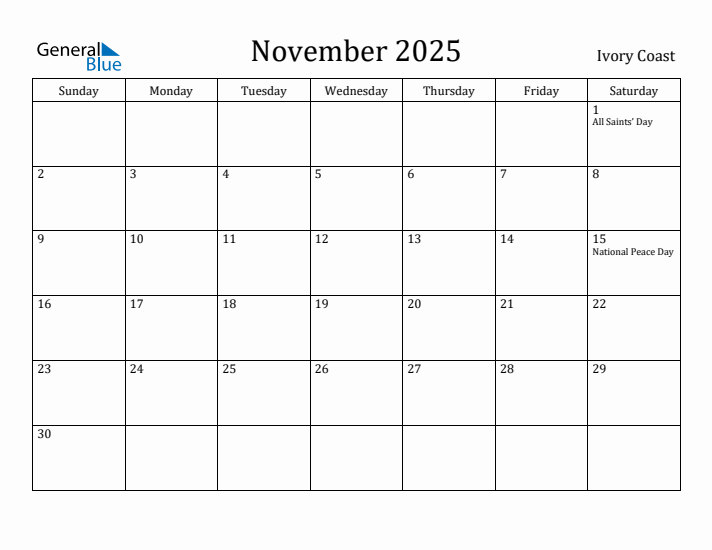 November 2025 Calendar Ivory Coast